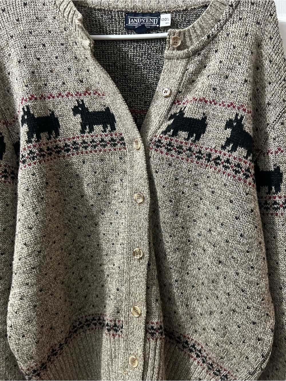 Lands' End Beige Cardigan with Black Scottie Dog Motif